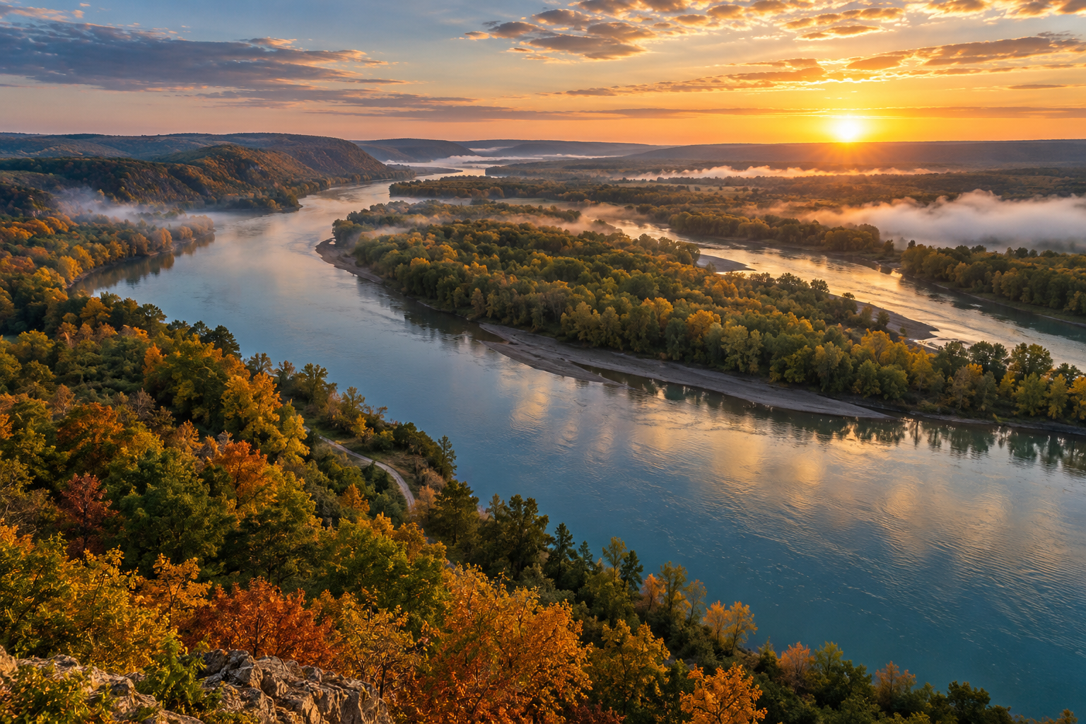 Missouri river landscape at sunrise