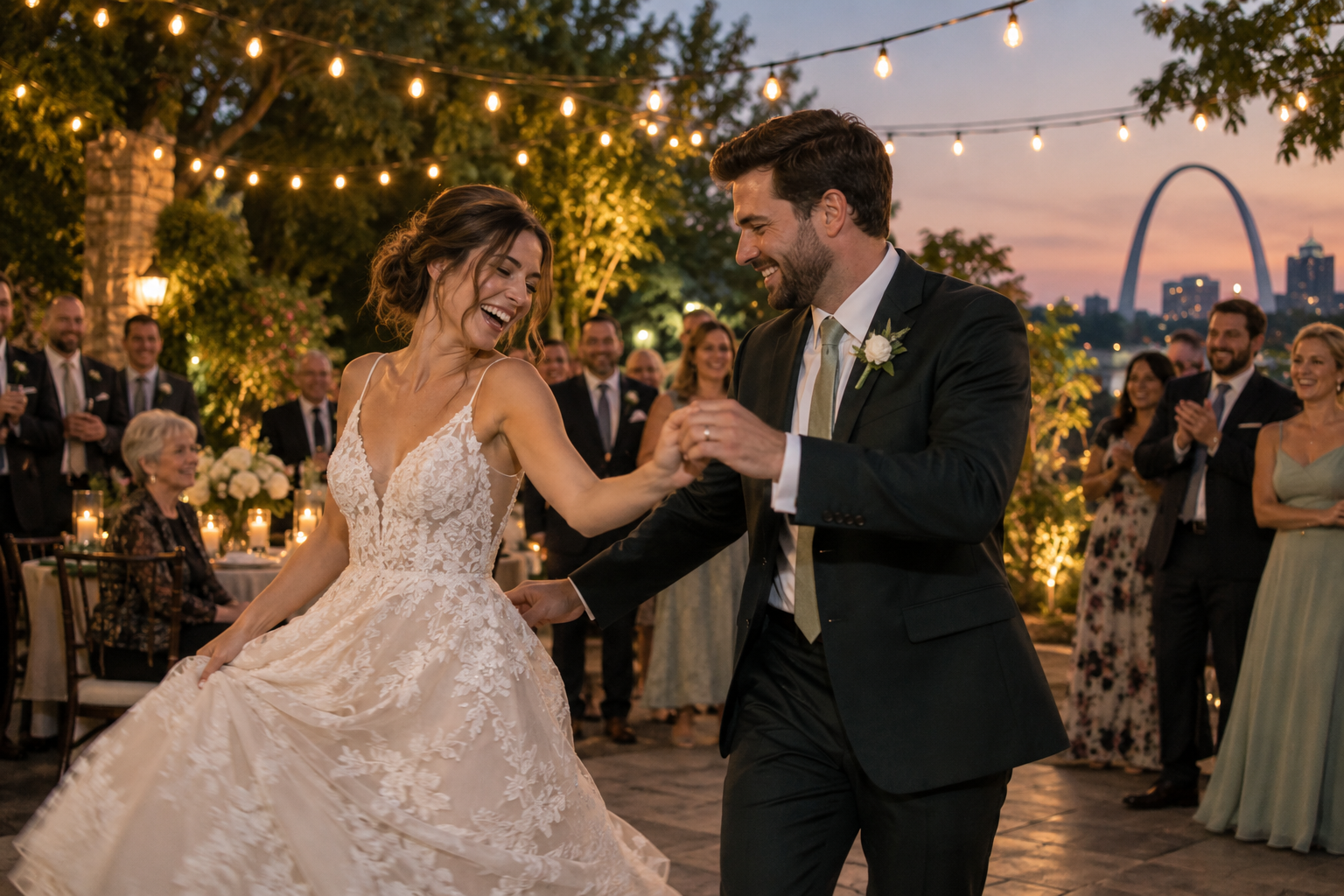 Guests surrounding a lively first dance